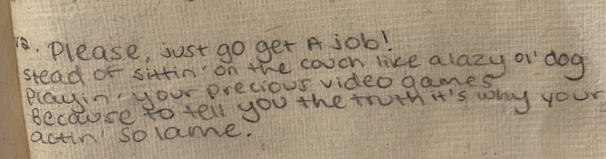 abbya_music's tweet photo. So I was deep cleaning my place today and found my little song book from when I was like nine. This is the second verse of a song I wrote titled “men”. https://t.co/B47N8GKjkb