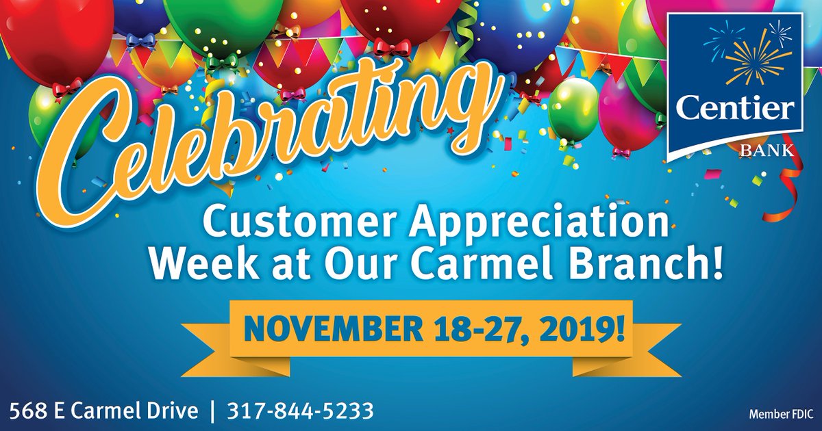 CentierBank's tweet photo. We are celebrating YOU all week in Carmel! Centier clients can stop into our branch at 568 E. Carmel Dr. to see what's in store! #commUNITYbanking #FunAtCentier #ClientAppreciationWeek https://t.co/dZkSOsHZw9