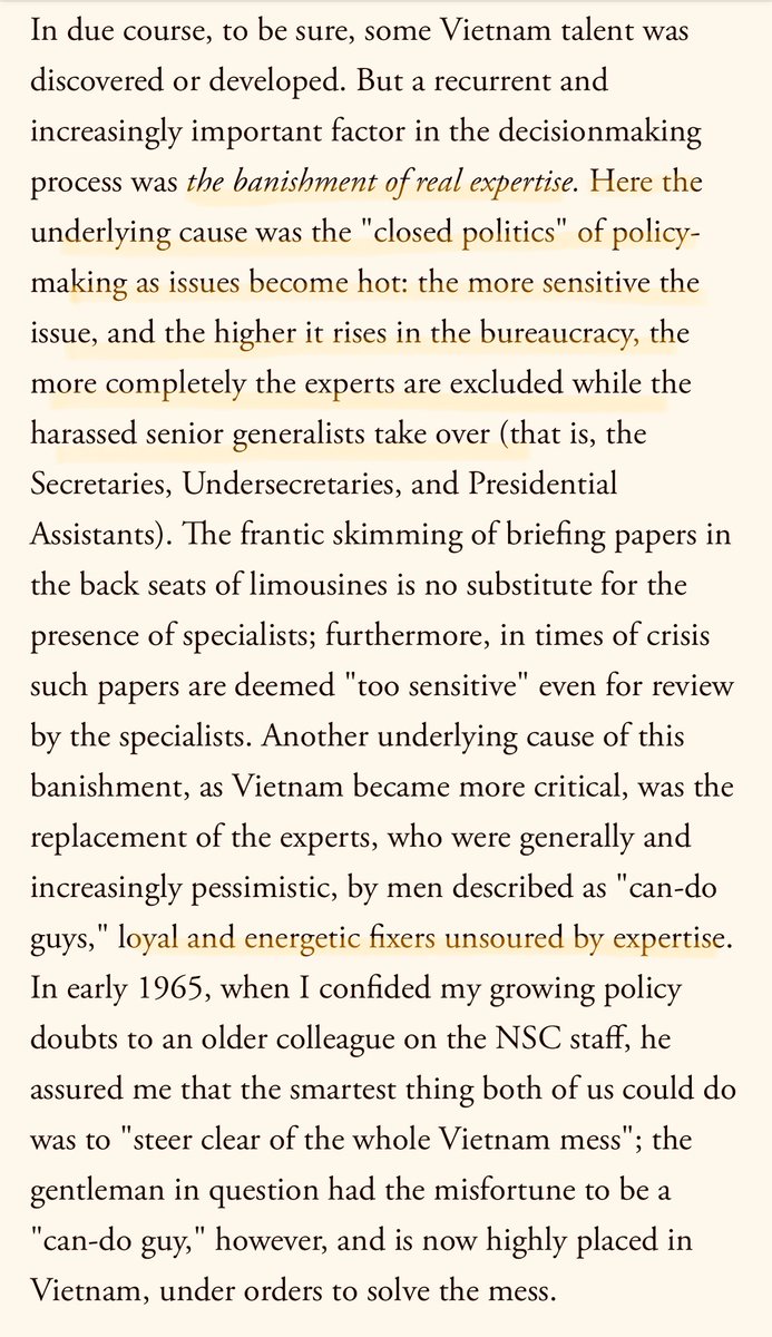 George Packer, in his brilliant “Our Man” about Richard Holbrook, cites a ‘68  @TheAtlantic essay by a former assistant who worked for years on Vietnam and described why officials so often refuse to speak up or throw red flags when they know they should. Seems very relevant today: