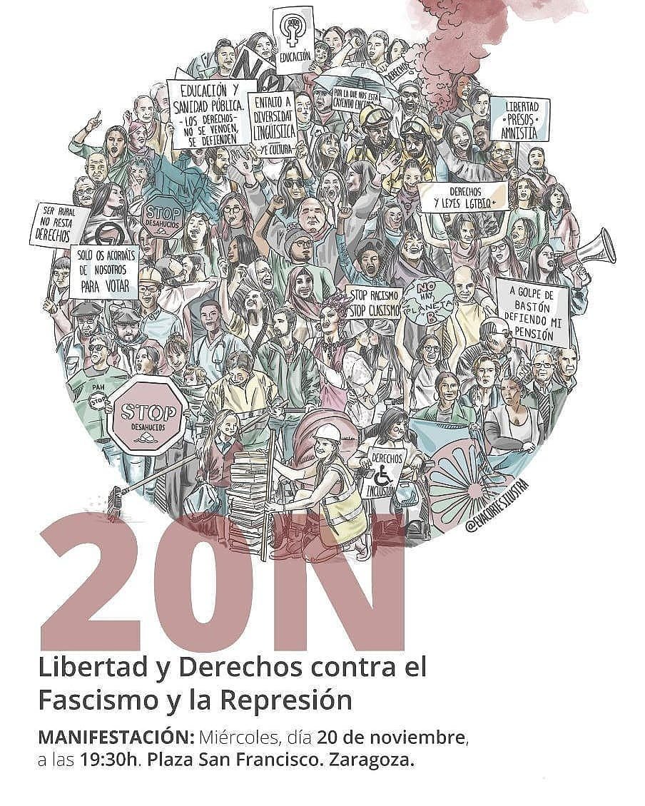 Ahora mismo en Zaragoza, todos los grupos antifascistas Unidos contra el fascismo, el racismo, la xenofobia, la homofobia y la represión #20Nov #20N #zaragozaantifascista #libertatpresospolitics