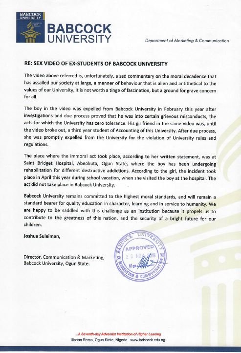 ogundamisi's tweet photo. On what grounds did @Babcock_Univ expel the sex video couples if the act did not take place in the university and was during the holiday? https://t.co/fGWeXdFzy3