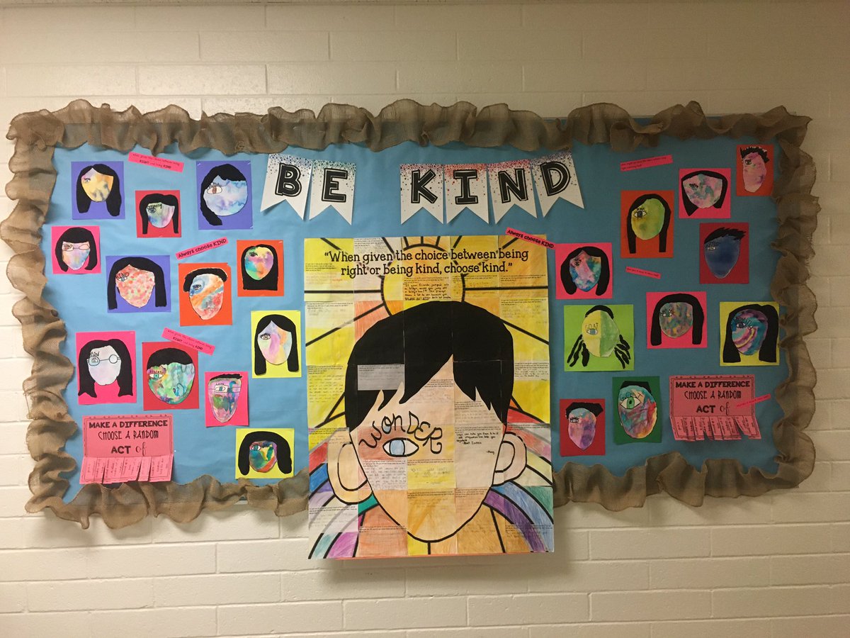 swelchh's tweet photo. Favourite bulletin board ever done! Large poster is a collaborative piece with the students precepts on it. 🤗 #healthactivity #WONDER #bekind #suchagoodread https://t.co/ejbN9QFHUH
