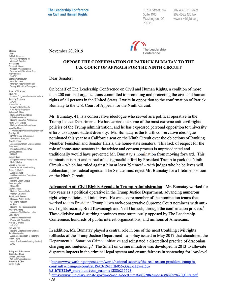 Page 1 of our letter of opposition to 9th Circuit nominee Patrick Bumatay. The full text of the letter is linked in the original tweet.