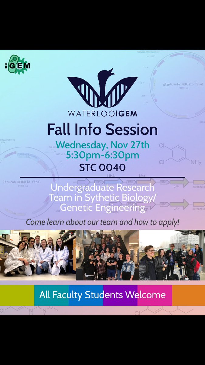 Waterloo_iGEM's tweet image. Interested in finding out how science, engineering, math, and human practices can work together to solve real world problems? Come out to iGEM&apos;s fall open house to learn more about UW&apos;s synthetic biology design team!

#uwaterloo #waterlooscience #waterlooengineering #waterloomath