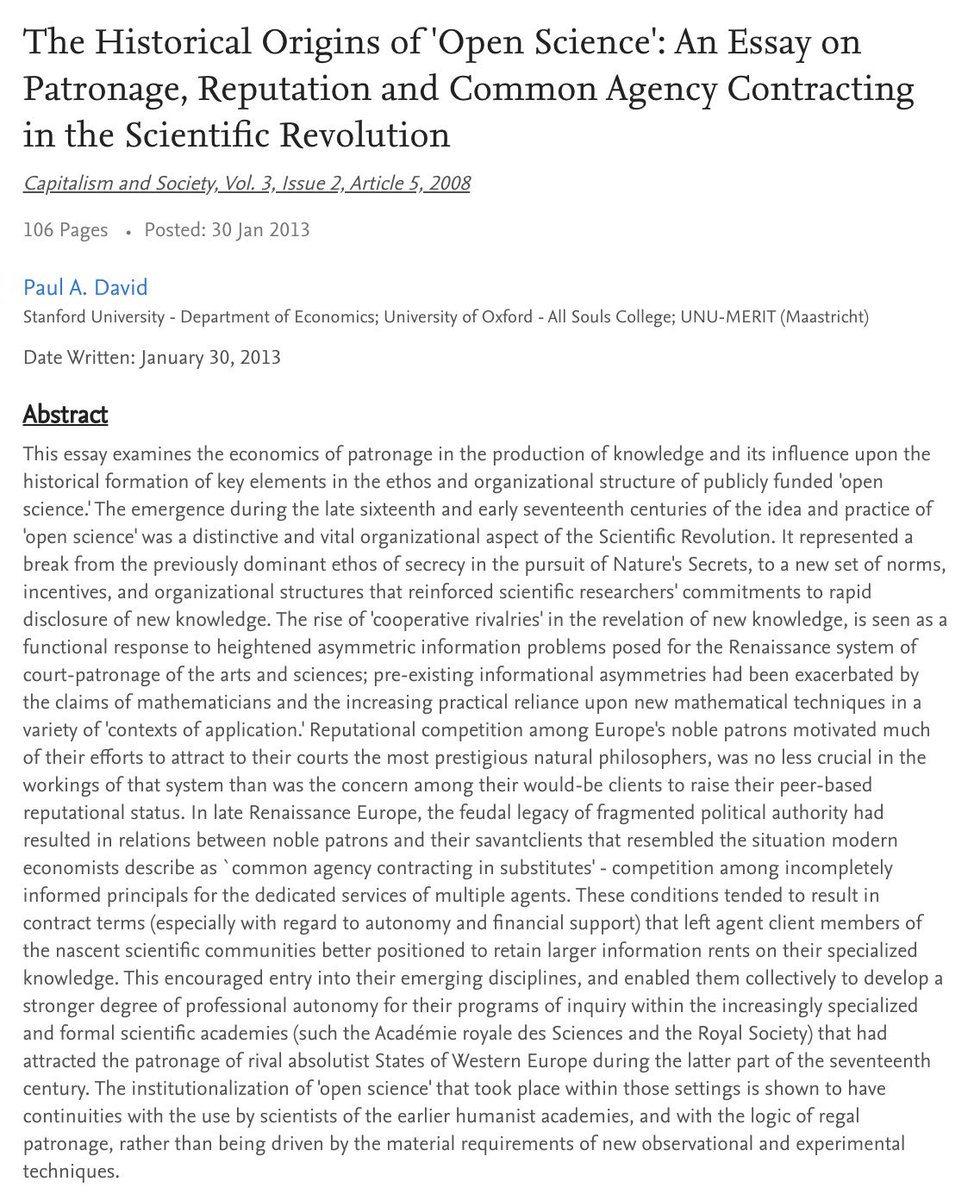 For people interested in open science, Paul David's paper is, I think, the best piece ever written about how science came to be as open as it is:  https://papers.ssrn.com/sol3/papers.cfm?abstract_id=2209188&gt