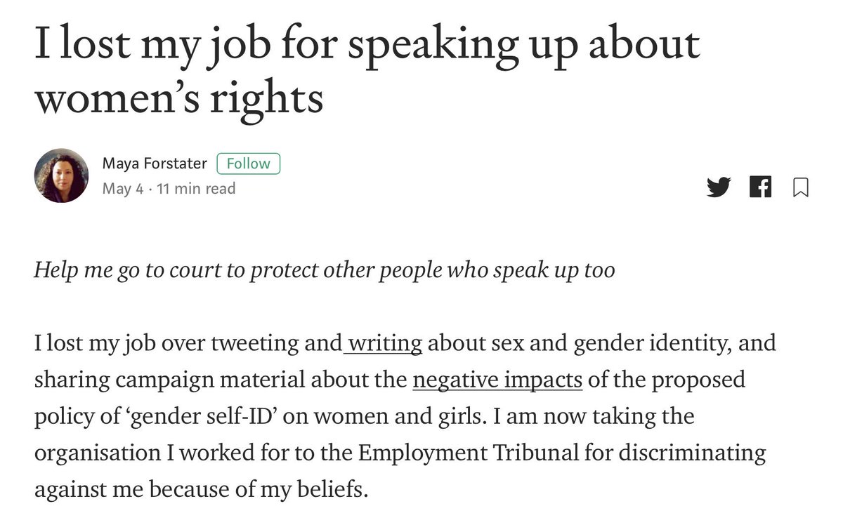 And now come the attacks on the very concept of sex.  @MForstater lost her job for taking a position on this issue. Among other radical positions, she holds that “Womanhood does not depend on dressing, acting or thinking in a feminine way.” 17/ https://medium.com/@MForstater/i-lost-my-job-for-speaking-up-about-womens-rights-2af2186ae84