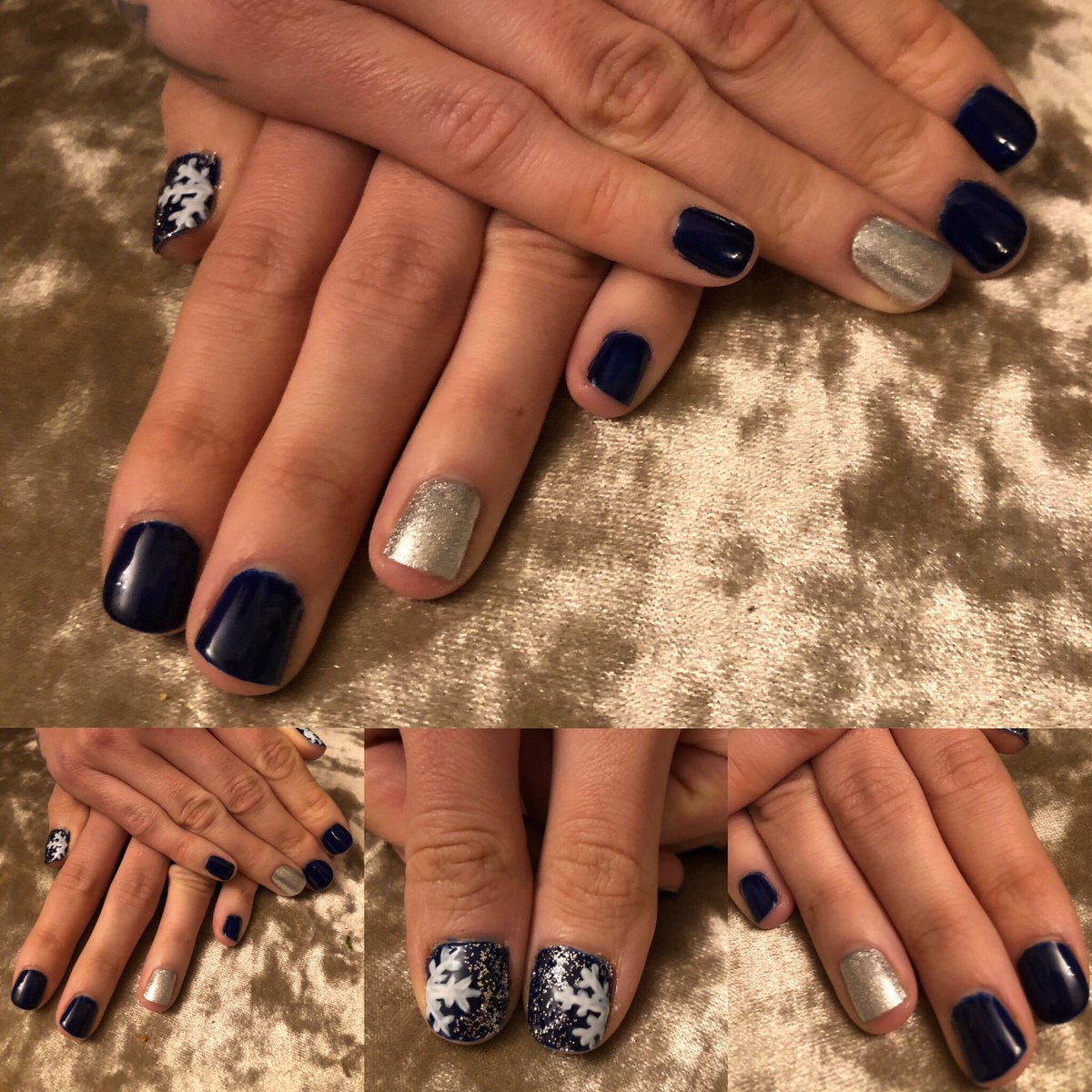 GelAndTell's tweet photo. ❄️Walking in a Winter Wonderland❄️Bluesky’s #Navy Seals, GDI’s Titania, #white #snowflake #nailart and #silver #glitter #gelandtell #gelnailsintelford #telfordnails #telfordnailtech #telfordnailtechnician #gelnails #gelpolish #uknails #winter #winternails #navynails #silvernails https://t.co/9rPA0Xrg9t