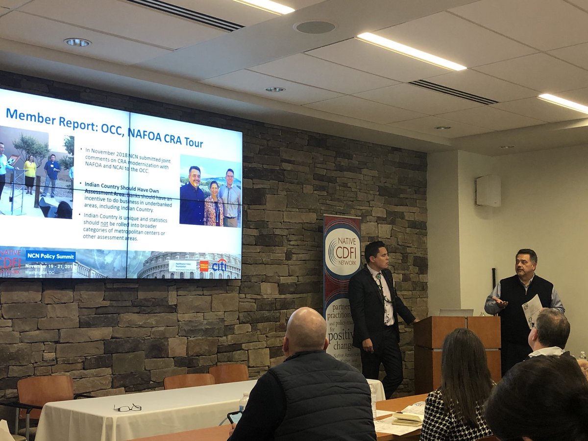 nativecdfis's tweet image. NCN Board Chairman Pete Upton and Executive Director Jackson Brossy tell #NCNPolicySummit19 about their NAFOA CRA tour in New Mexico, and building relationships that bring additional funding to #NativeCDFIs