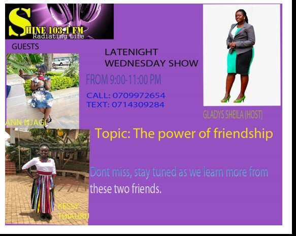 gladysshila's tweet photo. How much do you value your friends/ friendship? 
Join @gladysshila from 9:00-11:00 Pm only @ShineFM103 we talk about the POWER OF FRIENDSHIP👭👭 with the two amazing friends that are goals to many people, any question for them? Hit my inbox and Stay tuned for more. 😇😇😇 https://t.co/ovktXGWaBz