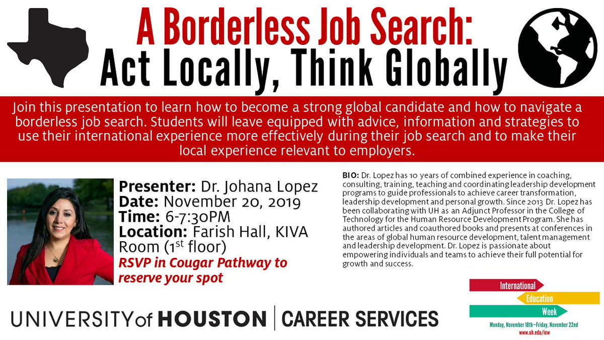 CoogCareers's tweet photo. -> TONIGHT <- This event is for international students! Are you feeling discouraged about you internship or job search? YOU MUST COME TO THIS SESSION! Get real advice from an international student who became a faculty member! https://t.co/mP1YXLlYqj
