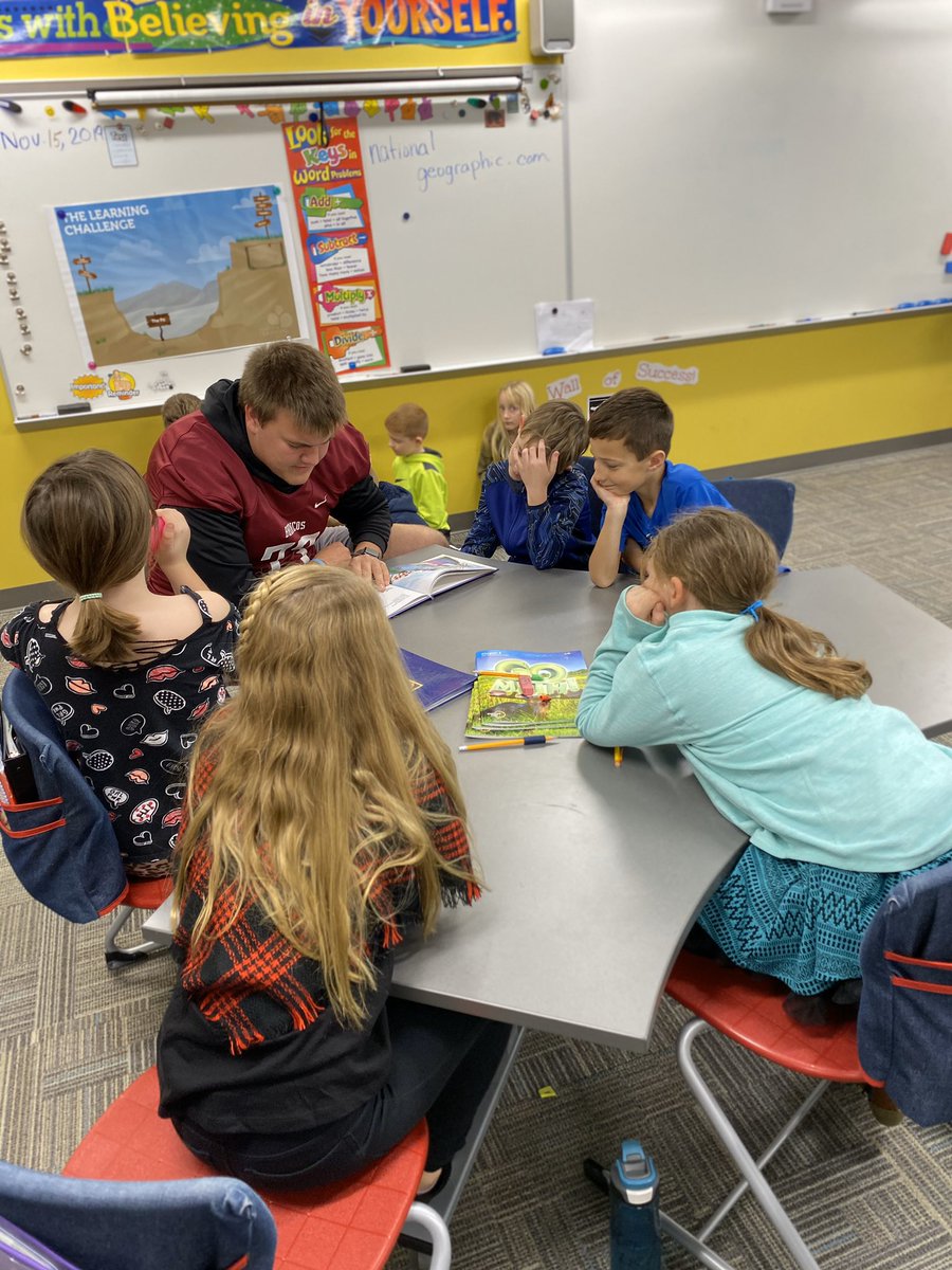 HCBroncoFB's tweet photo. The season may be over but our guys are still putting in work! Thank you to the 3rd and 4th grade classes at Adams Central Elementary for having us out today!! https://t.co/42JOsVfSui