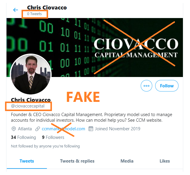 CiovaccoCapital's tweet photo. @ciovaccecapital Have reports of this fake account direct messaging Twitter users to try to sell trading services in the U.K. The more users that can report the fake account, the better; greatly appreciate the help thus far. #HelpStopFraud https://t.co/0Jog0nAkZE