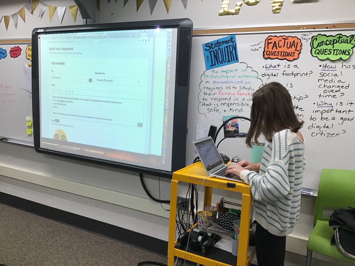 cmattsteacher's tweet photo. Scenes from Design 7–our resident graphic designers are making awesome infographics about digital citizenship and designing test methods for them. One kiddo even took over writing Flipgrid instructions for me because she knew a hack I didn’t. Have at it! #7thGradeRocks #NJHPride https://t.co/WJ3H6AfoTn