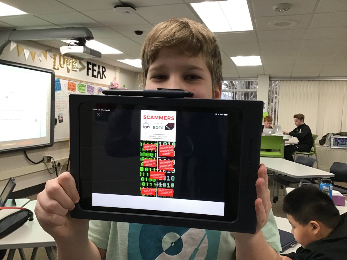 cmattsteacher's tweet photo. Scenes from Design 7–our resident graphic designers are making awesome infographics about digital citizenship and designing test methods for them. One kiddo even took over writing Flipgrid instructions for me because she knew a hack I didn’t. Have at it! #7thGradeRocks #NJHPride https://t.co/WJ3H6AfoTn