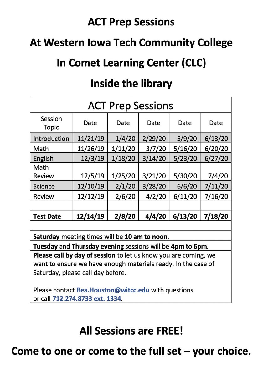 WesternIowaTech's tweet photo. NEW – Free ACT prep classes now offered at WIT! 

Check out the schedule for upcoming lessons and contact us for any questions. All are welcome! https://t.co/eUbUzOFwmd