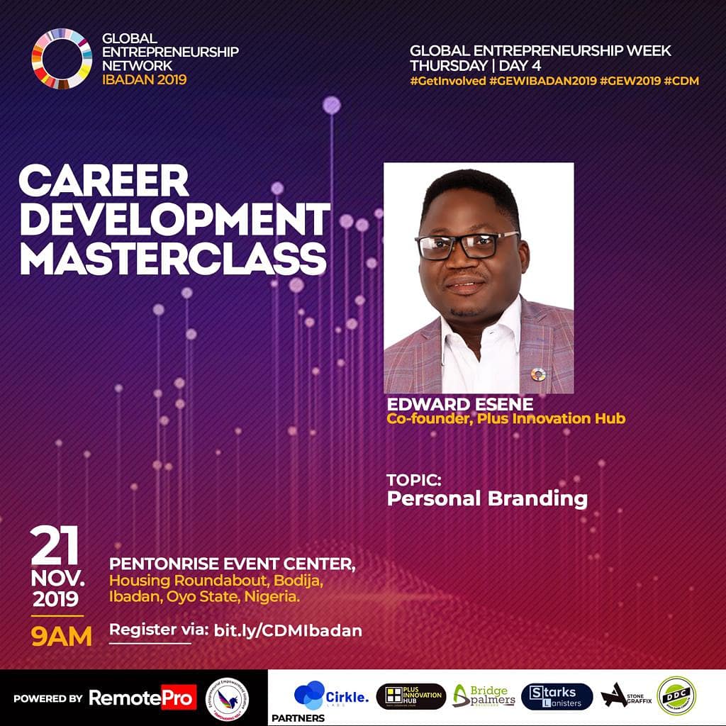 EdwardEsene2's tweet photo. We head to IBADAN for the #GEW2019
Entrepreneur or Employee , your brand is important.The goal is to be d person adding d most value.
Keep adding value,
Keep building.
#ComeToPLUS #coworkingspace
#Traininghall #AfricanGiant #branding #personalbranding #GEW2019NG https://t.co/PxzLDAEWIj