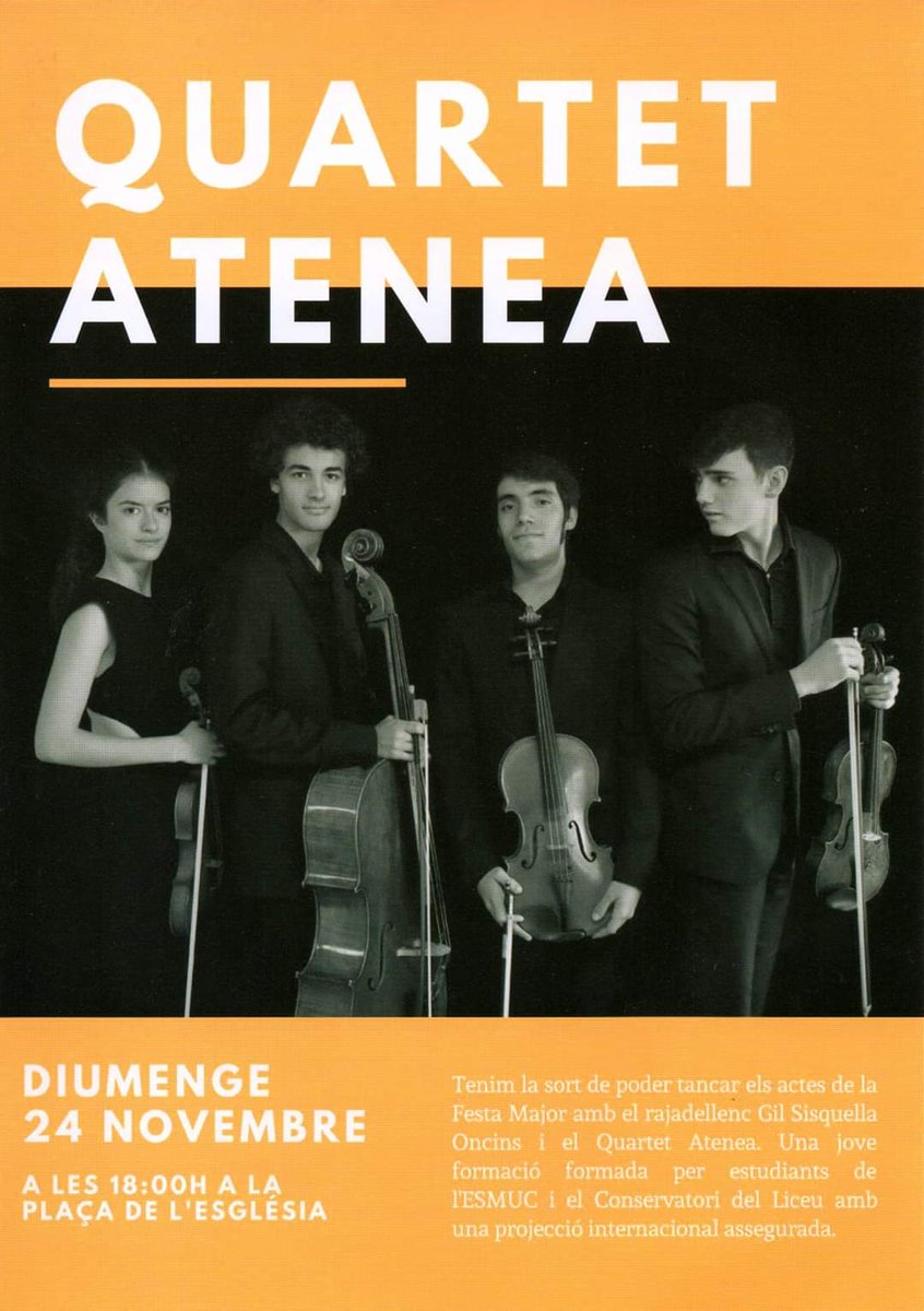AteneaQuartet's tweet photo. 😸 Aquest diumenge toquem al poble d'en Gil, Rajadell🕺! Tocarem obres de Beethoven i Schumann. Esteu totes convidades, entrada LLIURE 😚 @rajadellturisme https://t.co/P94mxny5nw