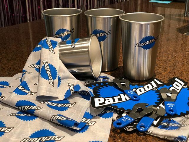 @parktoolblue, purveyor of excellent bike tools and great bike mechanic information, provided some awesome metal pint glasses, bottle openers, and neck gaiters! Radical! ift.tt/2O5chUd