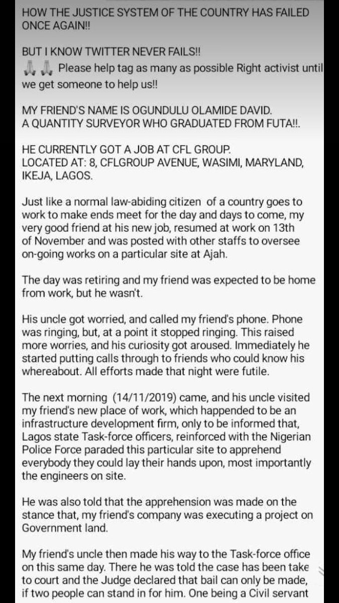 Ajatz02's tweet photo. HOW THE JUSTICE SYSTEM OF THE COUNTRY HAS FAILED AGAIN!! 

Please help tag as many Human Right activist as possible until we get someone to help.

@segalink @jidesanwoolu @Yankeezy @Obagzz @Oluseyiflight 

 #FREEOLAMIDE https://t.co/2eVXBnjeZ0