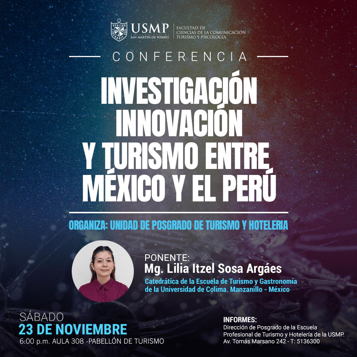 La especialista mexicana Lilia Itzel llegará al Perú para compartir su experiencia sobre la investigación e innovación del turismo en México. No te pierdas la charla dirigida a alumnos de los programa de posgrado de la Escuela Profesional de Turismo y Hotelería. 🙌🙌🙌