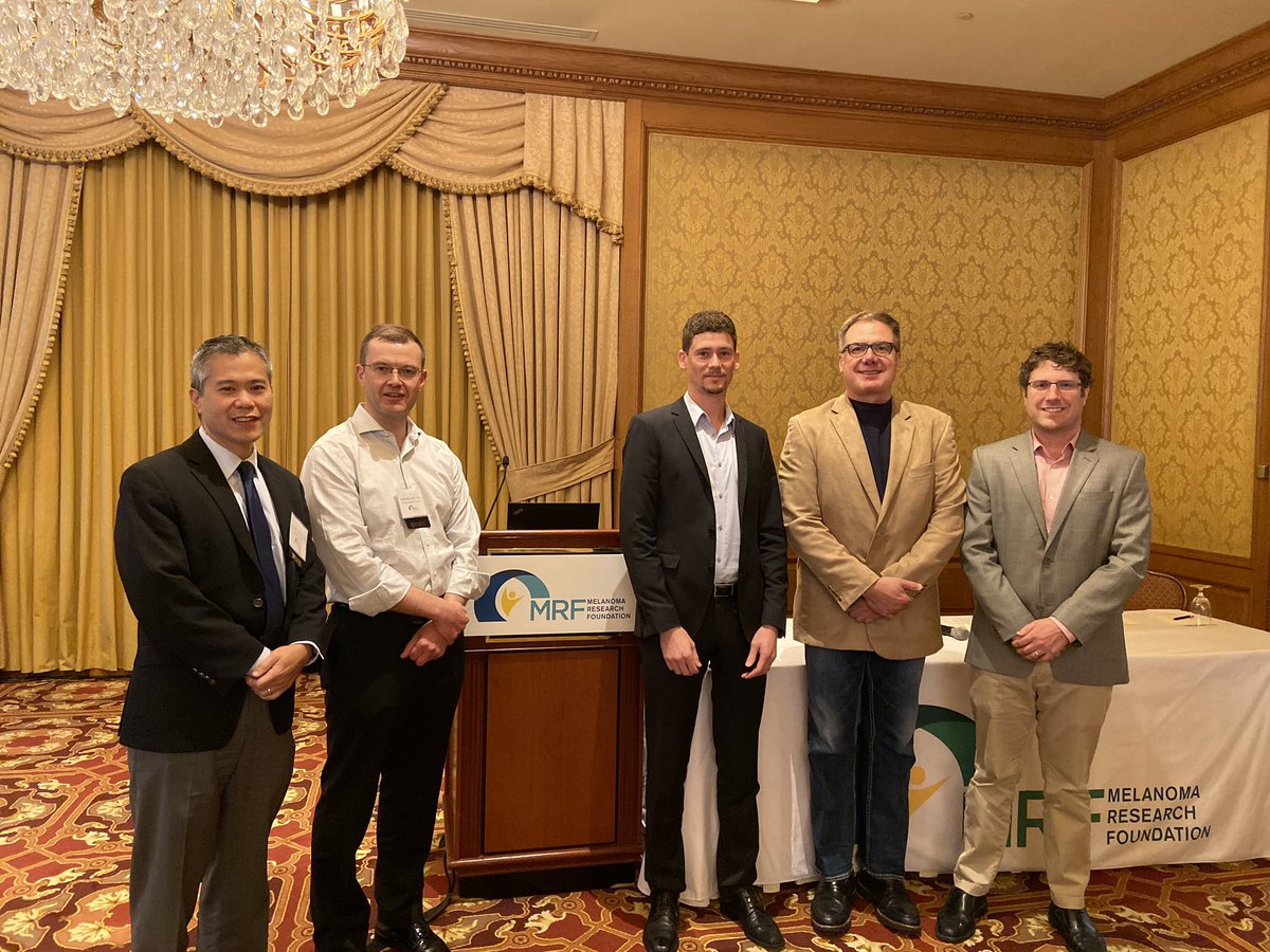 Proud to recognize @CureMelanoma research grant recipients (left to right) Richard Carvajal, MD, Andrew Aplin,PhD, Stefan Kurtenbach, PhD, Bill Harbour,MD and @ShainLab over $2,000,000 in #uvealmelanoma research funding to-date!