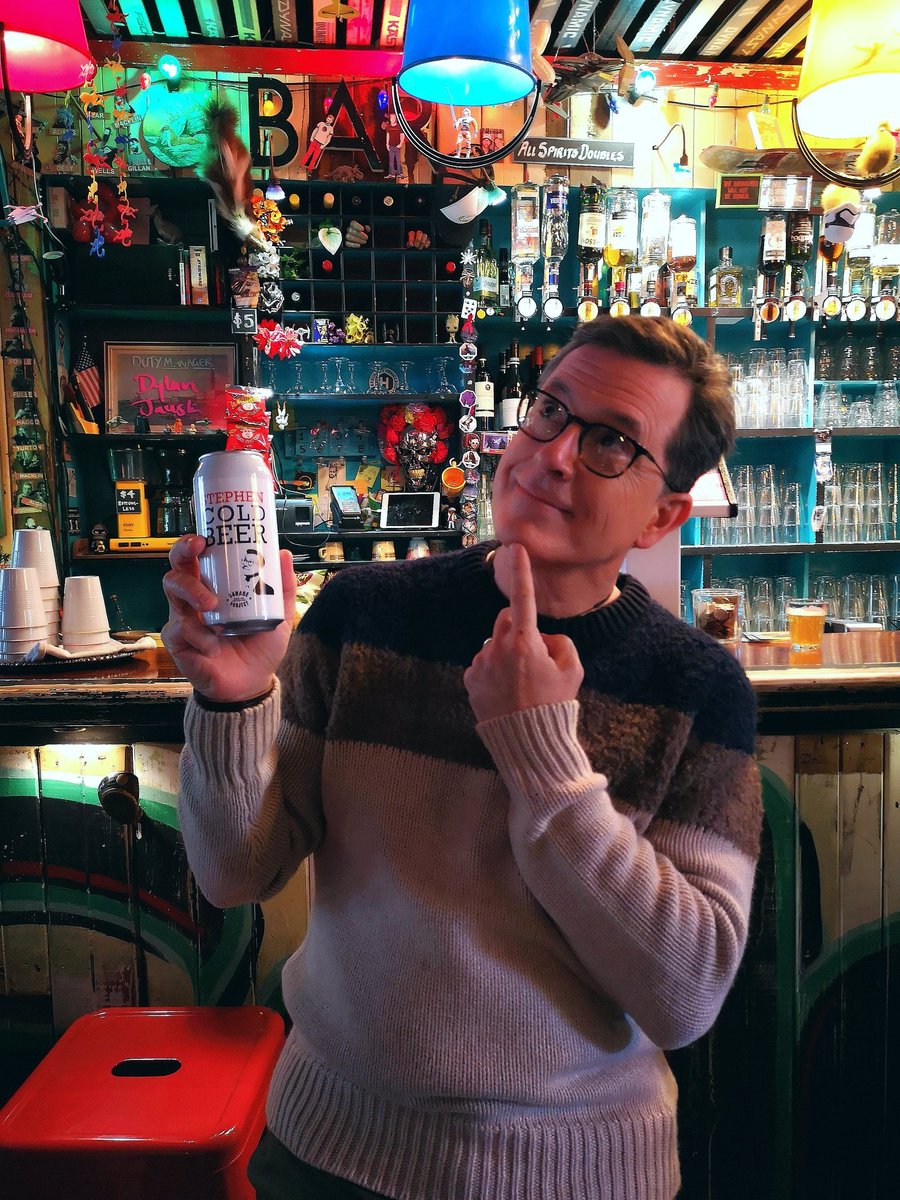 Stephen Colbert (<a href="/stephenatHome/">Stephen Colbert</a>) with his Stephen Cold Beer from <a href="/Garage_Project/">Garage Project</a> at <a href="/GoldingsFD/">Golding's Free Dive</a> on his way through Wellington