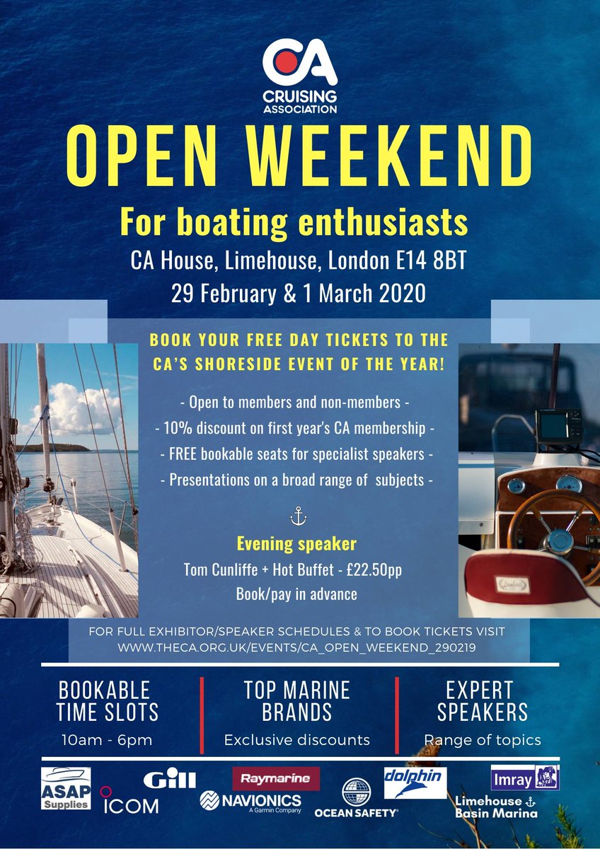 Cruising_Assoc's tweet photo. THE CA'S 'OPEN WEEKEND' IS FOR ALL BOATING ENTHUSIASTS!
Sat Feb 29 &amp; Sun March 1 2020 at CA House, London
Details &amp; to book tickets to the CA’s shoreside event of the year visit: https://t.co/4i5wK2r6zh
#CAOpenWeekend #Marinebrands #sailing #boating #yachting #TomCunliffe https://t.co/4SibzOBFZB