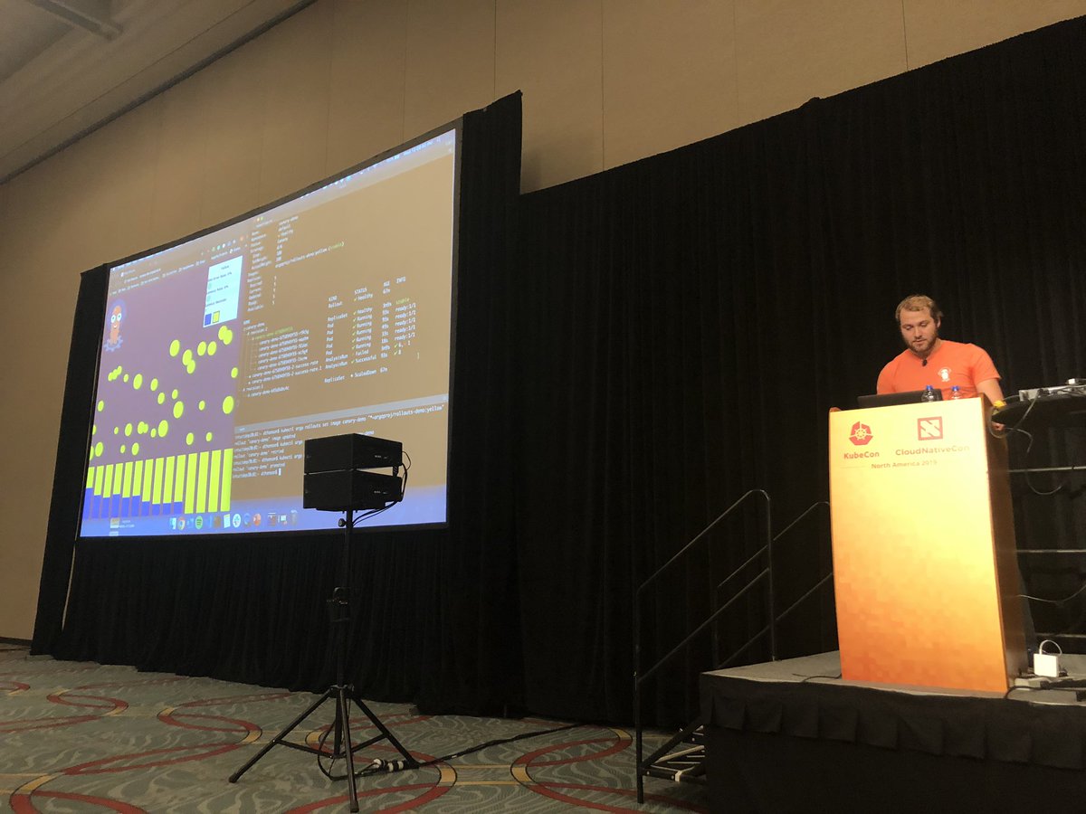 MukulikaK's tweet photo. @argoproj team rocking #kubecon2019 with the progressive delivery demo showing experimentation and analysis!!! Don’t miss the standing ovation #gitops #keikoproj #intuittech #cicd #Kubernetes https://t.co/ZP4utyML3W