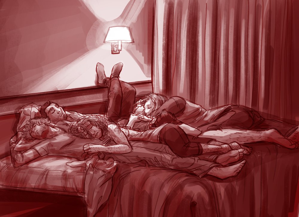 colbiehackett's tweet photo. This was us back before we had our bus! Stops were at roadside motels. Liz took this of us - when she went to grab extra pillows and fill the ice buckets, we were all so knackered we passed out like this with clothes and a light left on. #tbt #webcomics https://t.co/CiAmbLiNn1