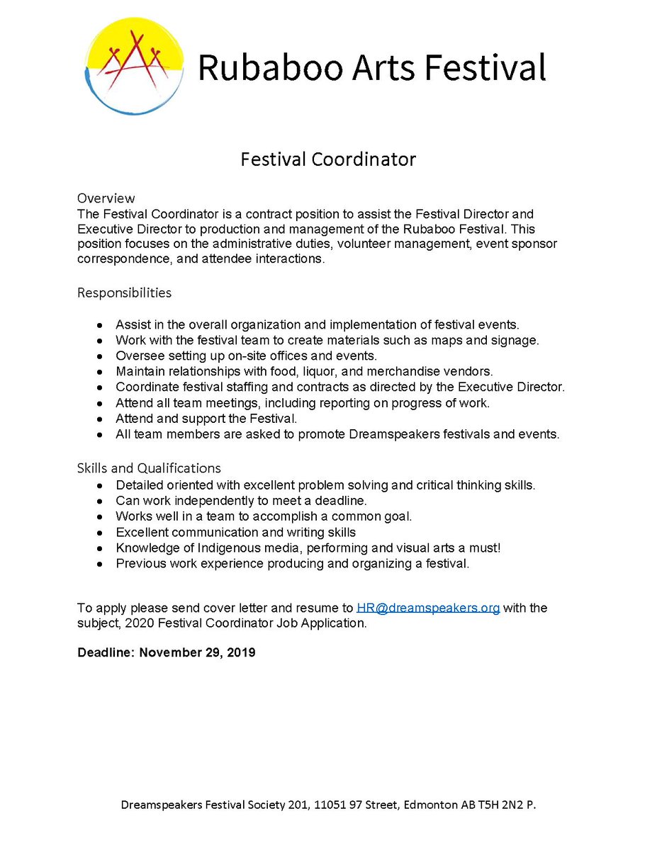 Dreamspeakers's tweet photo. JOB POSTING | Festival Director and Festival Coordinator for Rubaboo Arts Festival | Deadline Nov 29, 2019
#yeg #yegarts #job #festival #JobOpportunity #employment #careers #contract #contractposition #2020 #indigenous #aboriginal #NativeAmerican https://t.co/M1uWbwrFcC