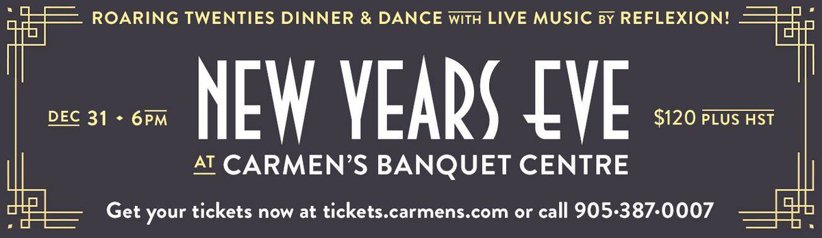 Kick off the new decade by celebrating this New Year's Eve at Carmen's Banquet Centre! Doors open at 6pm, dinner begins at 7pm, and dance starts at 9pm! With live music by Reflexion! Get your tickets now online: ow.ly/SrjO50x4NYn