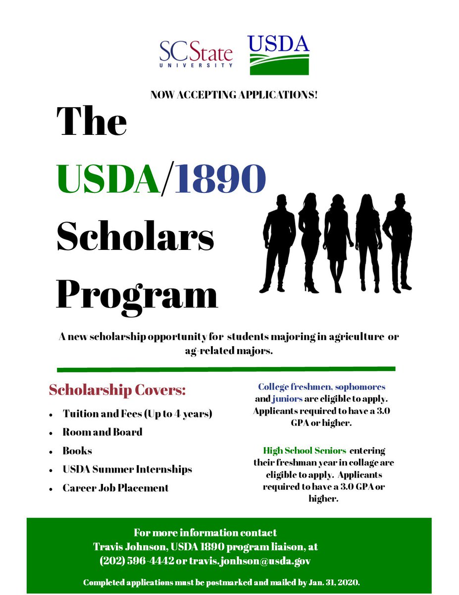 SCState1890's tweet image. @USDA and @SCState1890 is now accepting applications for the 2020 USDA/1890 National Scholars Program.  Awards include full tuition and fees, room and board, plus internship opportunities.  scsu.edu/news_article.a…