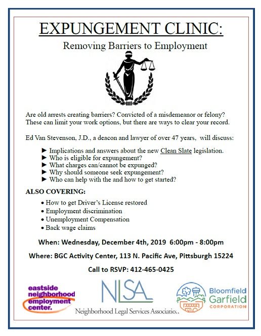 ENEC_PGH's tweet photo. Join us on Weds., Dec. 4th, 6PM-8PM, for an Expungement Clinic with Neighborhood Legal Services Association. Learn how to eliminate those charges that are affecting your employability! #pghjobs @Jobs4PIT @BloomGarCorp
@EECM_Pittsburgh @HBYMCA https://t.co/BOqS0bGRkb