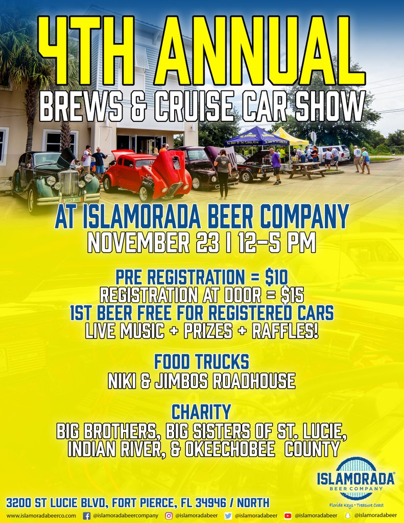 Join us for Islamorada's 4th Annual Brews and Cruise Car Show on Saturday. All registration proceeds will be donated to BBBS of St. Lucie, Indian River, & Okeechobee Counties. 
#IslamoradaBeerCompany #CarShow #TreasureCoast #FortPierce #StLucieCounty  #BBBSBigs #SaturdayActivity