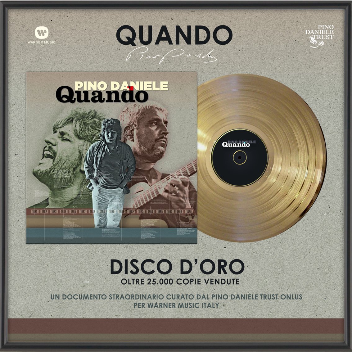 Questa settimana Il Box 'PINO DANIELE - QUANDO' ha ottenuto la certificazione di DISCO D'ORO per oltre 25.000 copie vendute. Dati Fimi/GFK. Un documento straordinario ideato e curato dalla 'PINO DANIELE TRUST ONLUS' per Warner Music Italy