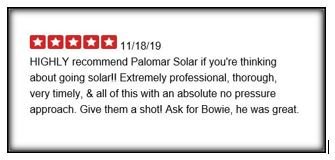 PalomarSolar's tweet photo. Thank you for your 5-Star Yelp review, Jeff M. We truly appreciate your business! 

#solarpowered #gosolar #greenenergy #solarpv #sun #photovoltaic #renewableenergy #renewable #solarinstallation #palomarsolar #lg #enphase #sandiego #yelp #review

@lgsolarusa @Enphase https://t.co/XA215P1K9s