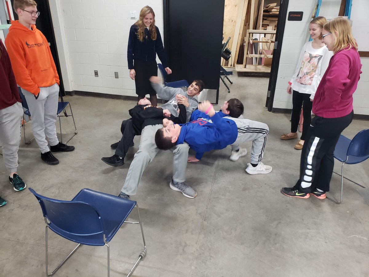 tlsteinh's tweet photo. It was fantastic getting a visit from @iowaffa President Chandler Jahner &amp; SE District Reporter Chloe Engelbrecht today. Sometimes rules (like standing on tables) go out the window when FFA officers visit &amp; bring team building activities. #washpride @washffa @NorthScottFFA https://t.co/KmOO7T3Rkv