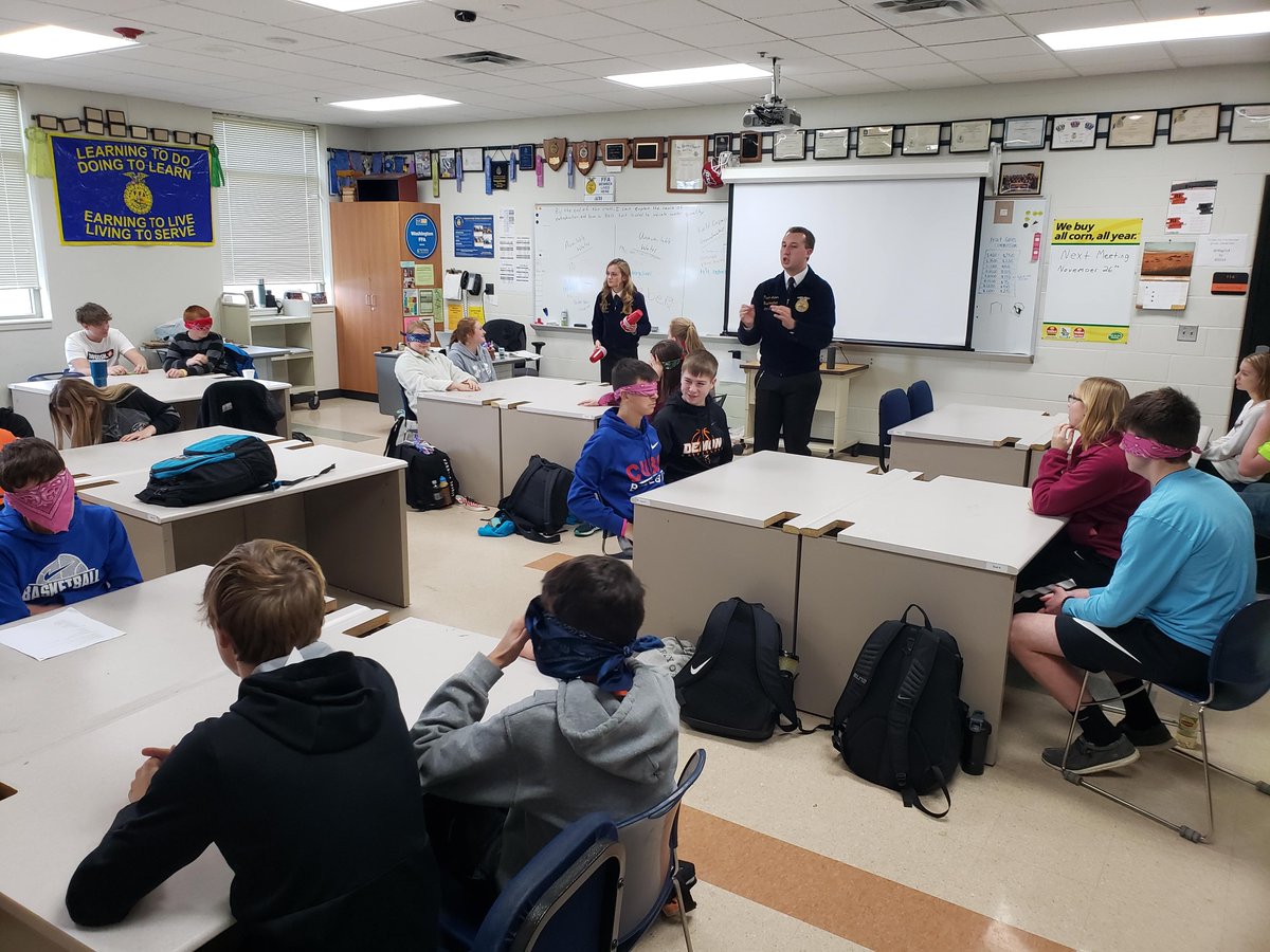 tlsteinh's tweet photo. It was fantastic getting a visit from @iowaffa President Chandler Jahner &amp; SE District Reporter Chloe Engelbrecht today. Sometimes rules (like standing on tables) go out the window when FFA officers visit &amp; bring team building activities. #washpride @washffa @NorthScottFFA https://t.co/KmOO7T3Rkv