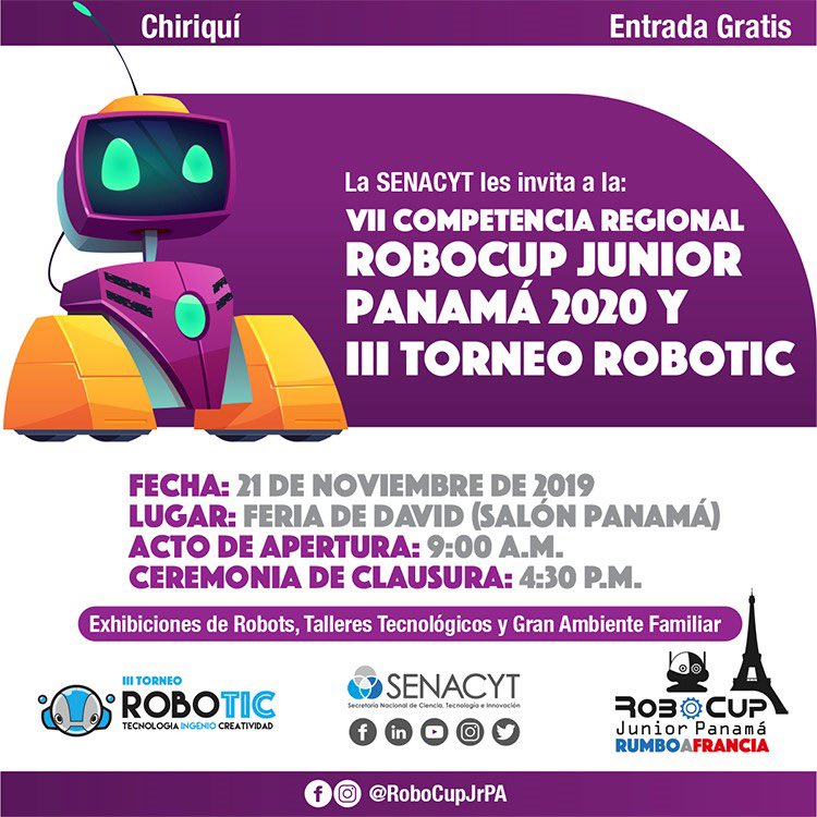 📢 ATENCIÓN #CHIRIQUÍ: Mañana arranca el Torneo Regional de la Competencia #RoboCupJrPTY 2020 y #RoboTIC 2019 en la ciudad de #David. Tendremos trivias, concursos y stands de organizaciones de la comunidad #edumakerspty. ¡No te lo pierdas! 🤖🇵🇦