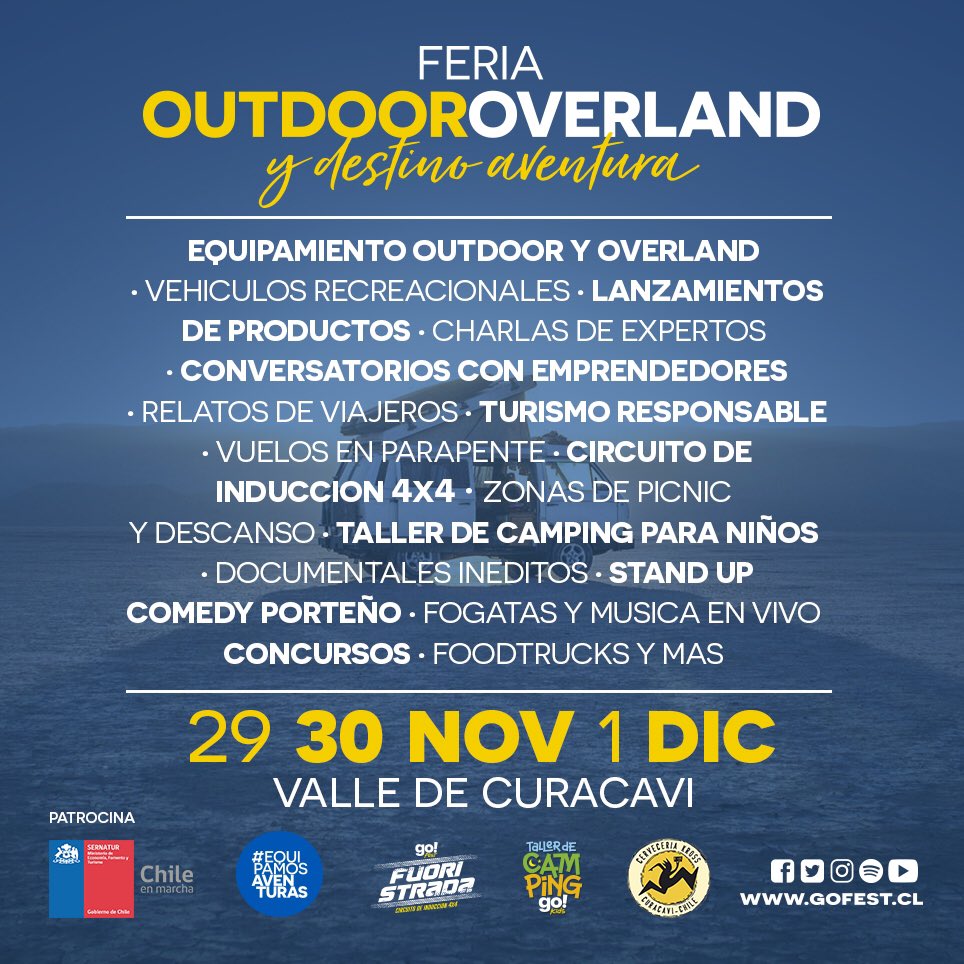 GoFest_Chile's tweet photo. Compra tu ticket online a través de PASSLINE y participa en el sorteo de un fabuloso #KAYAK full equipado para tus próximas aventuras. Este 29, 30 de Noviembre y 1 de Diciembre nos volvemos a reunir en EL ENCUENTRO #OUTDOOR #OVERLAND Y #DESTINOAVENTURA DE #CHILE #ValledeCuracavi https://t.co/KWQQQu7gLN
