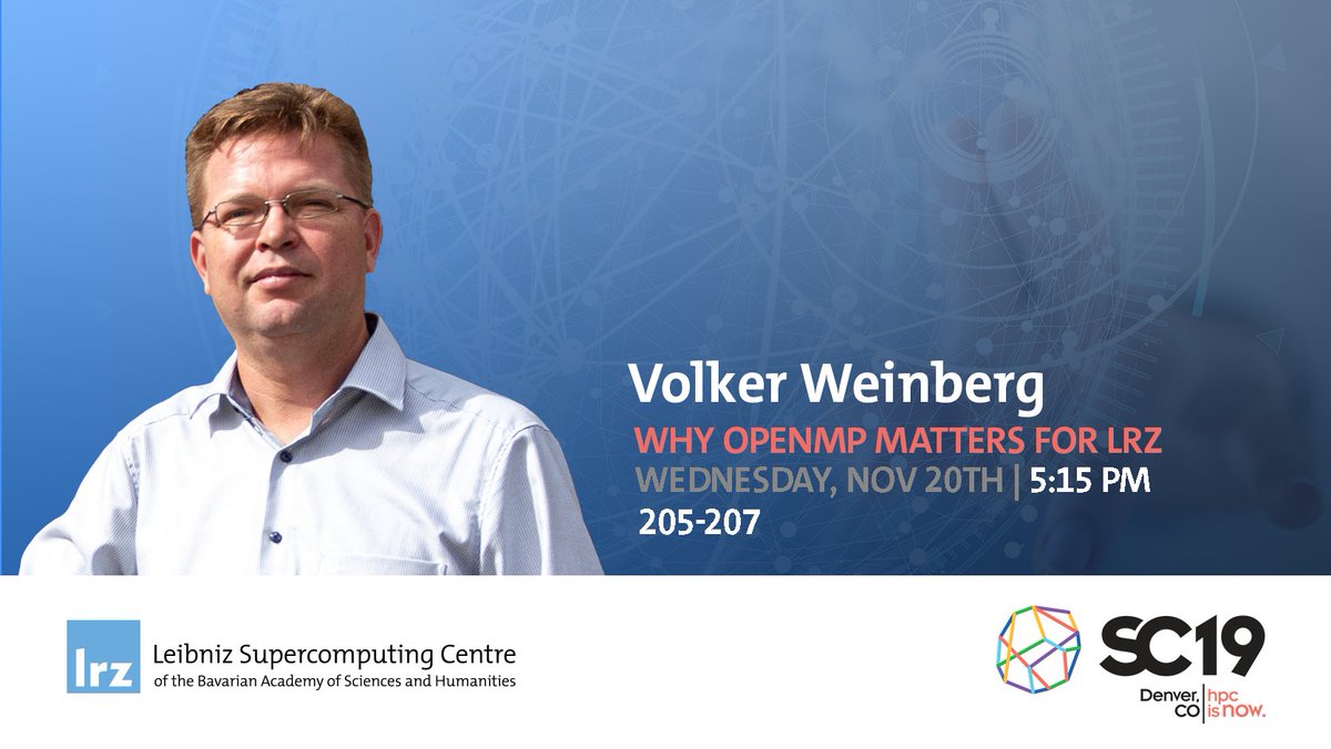 LRZ_DE's tweet photo. One more recommendation for today: Volker Weinberg's presentation "Why OpenMP Matters for LRZ" at the OpenMP BoF #SC19 #BavarianSupercomputing #BavariansAtSC https://t.co/ajlZvUTg8b
