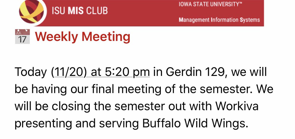 ISUMISClub's tweet photo. Friendly reminder: last meeting of the semester is in one hour! We hope to see you there 🤗 https://t.co/6GBf5kQMAH