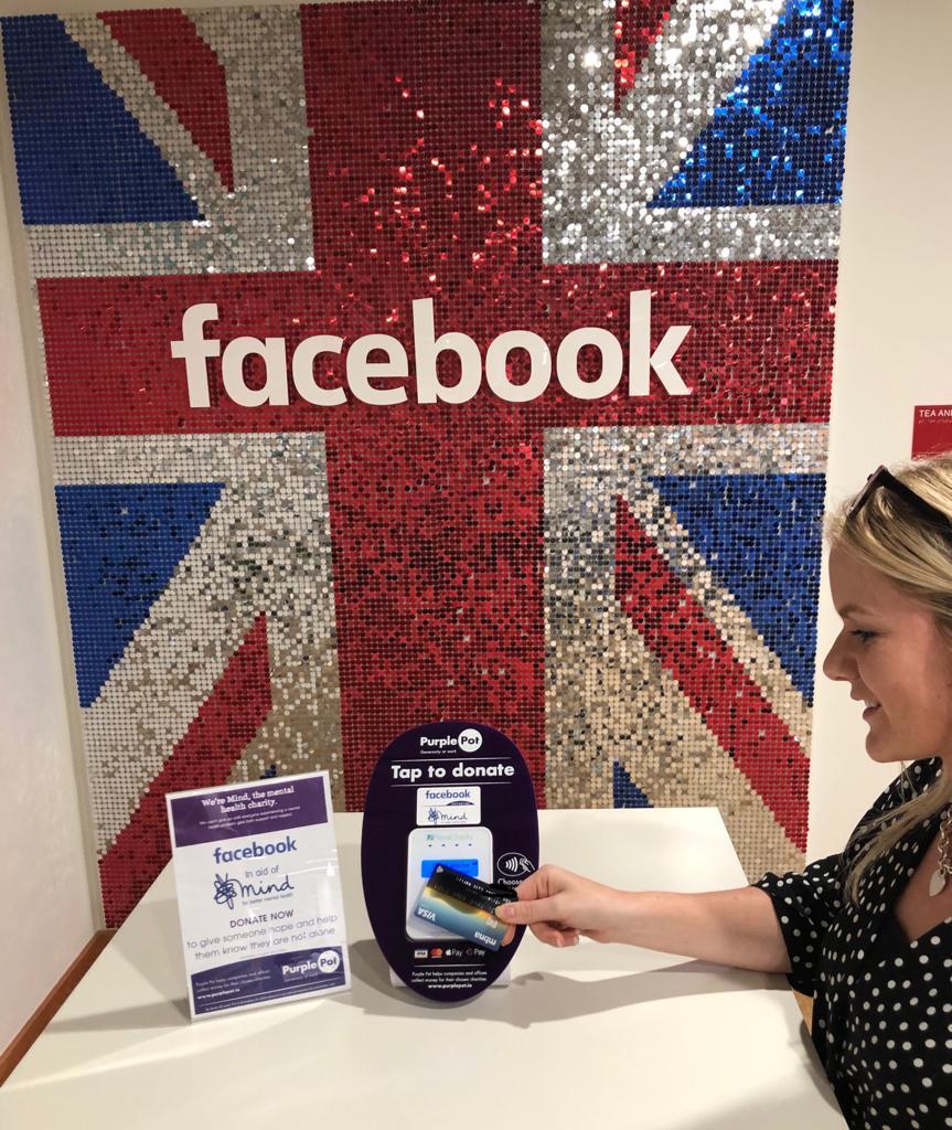 howardlake's tweet photo. Static contactless giving collecting box for @MindCharity from @PurplePot_ in the offices of #FacebookUK in August.⠀ https://t.co/Wev96CnyNA