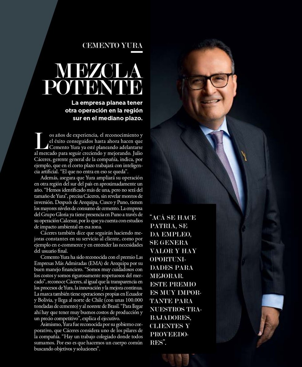 SNIndustrias's tweet photo. .#CementoYura fue reconocida como una de las Empresas Más Admiradas de Arequipa #EMA 2019. Su gerente general y presidente de la #SNI Sede #Arequipa, Julio Cáceres, destacó que Yura ampliará su operación en otra región del sur del país en aproximadamente un año. https://t.co/WYtaOHjkxB