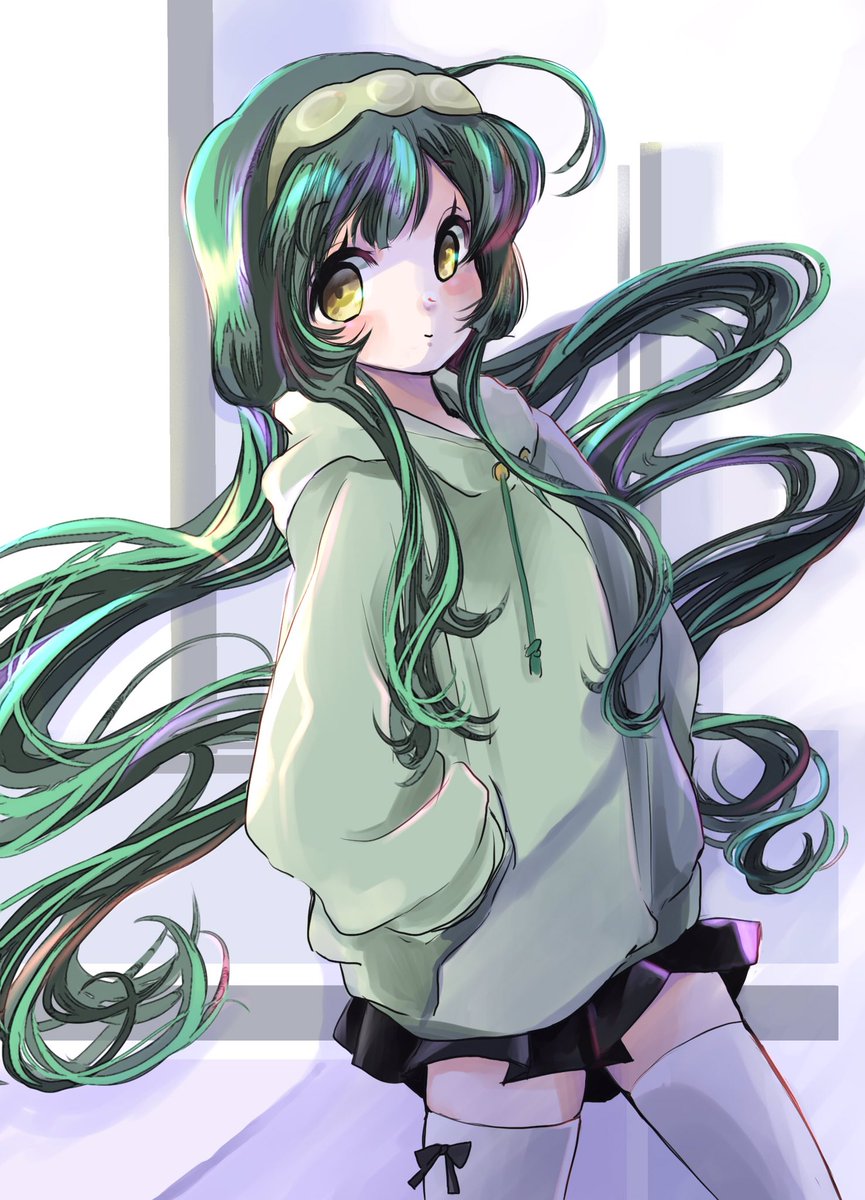 1girl solo long hair thighhighs skirt green hair hands in pockets  illustration images