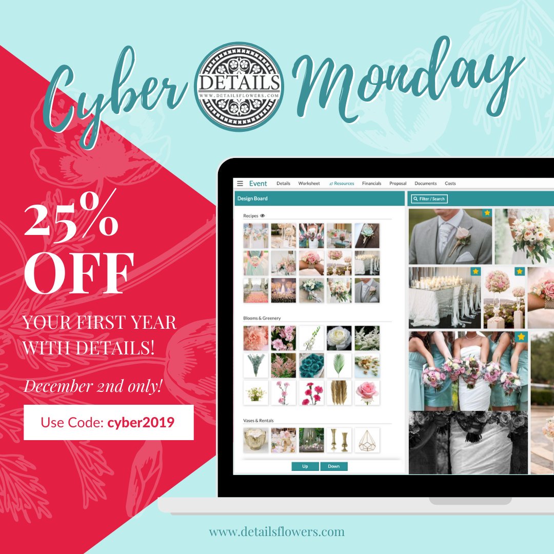 We’re so excited to be able to offer 25% OFF your first year with Details using the code cyber2019 this #CyberMonday. This means your first year will only be $900 - then you’ll lock in the rate of $1,200 annually thereafter! #detailsflowers #florists #software