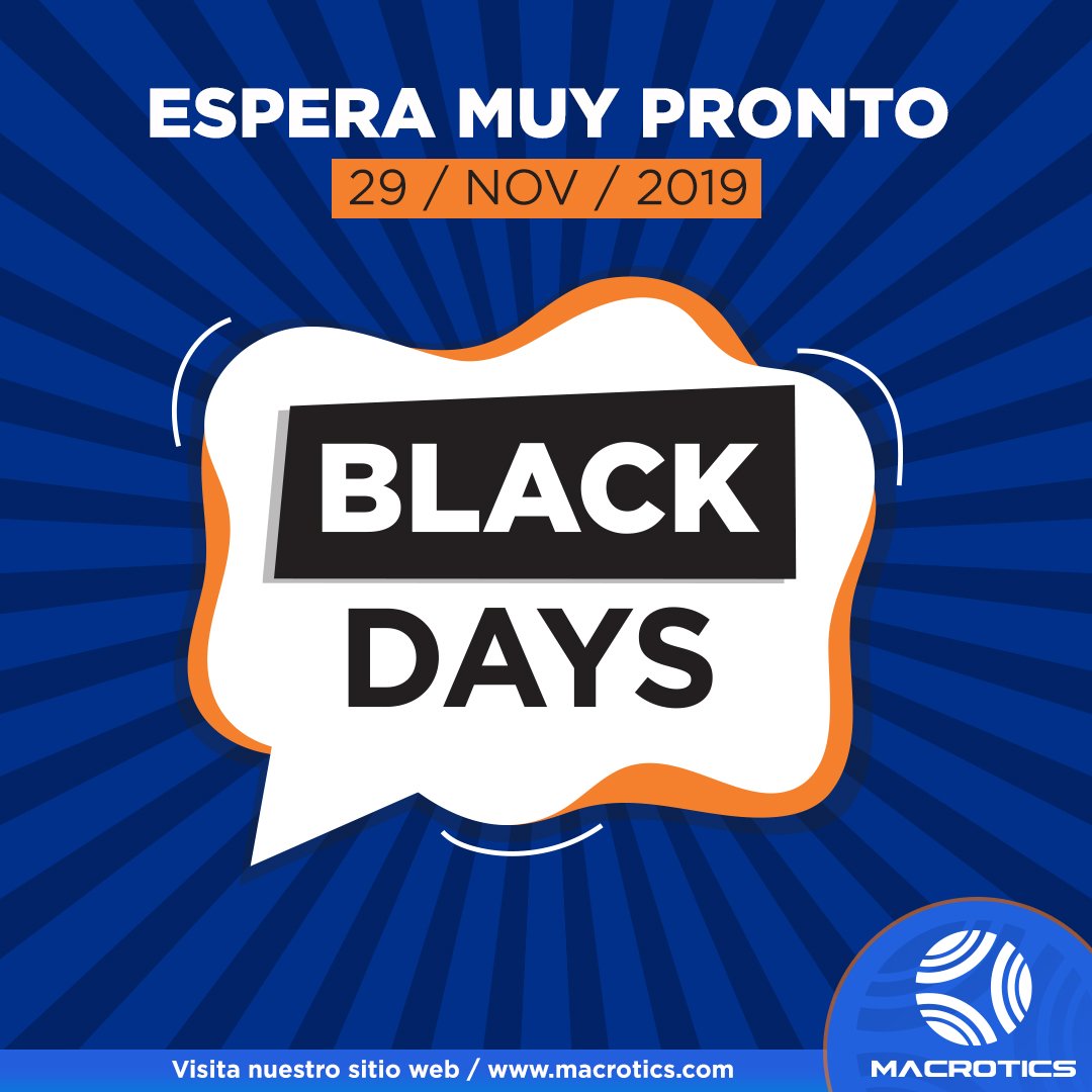 Espera muy pronto los super descuentos, en el #BlackDays con Macrotics.

Somos tu aliado integral en telecomunicaciones.

#Macrotics #Soluciones #Telecomunicaciones #Internet #Conexión #Wifi #Blackfriday