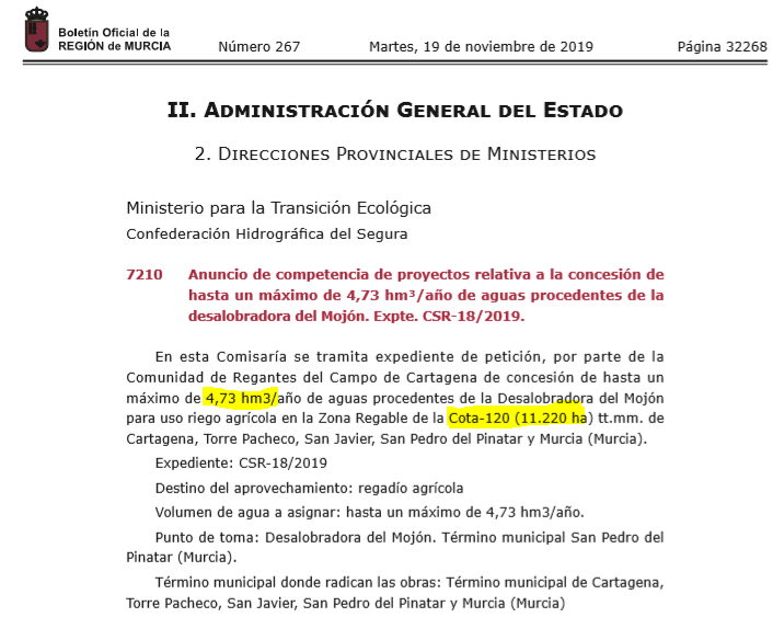 Y bueno, que por dar buena cuenta de la prisa que se dan, ayer justo salió a información pública el expediente de solicitud de concesión de las aguas desalobradas del "Plan de Vertido Cero".Pero ¡sorpresa! Piden el agua para la Cota 120, y no para sustituir caudales Tajo/pozos