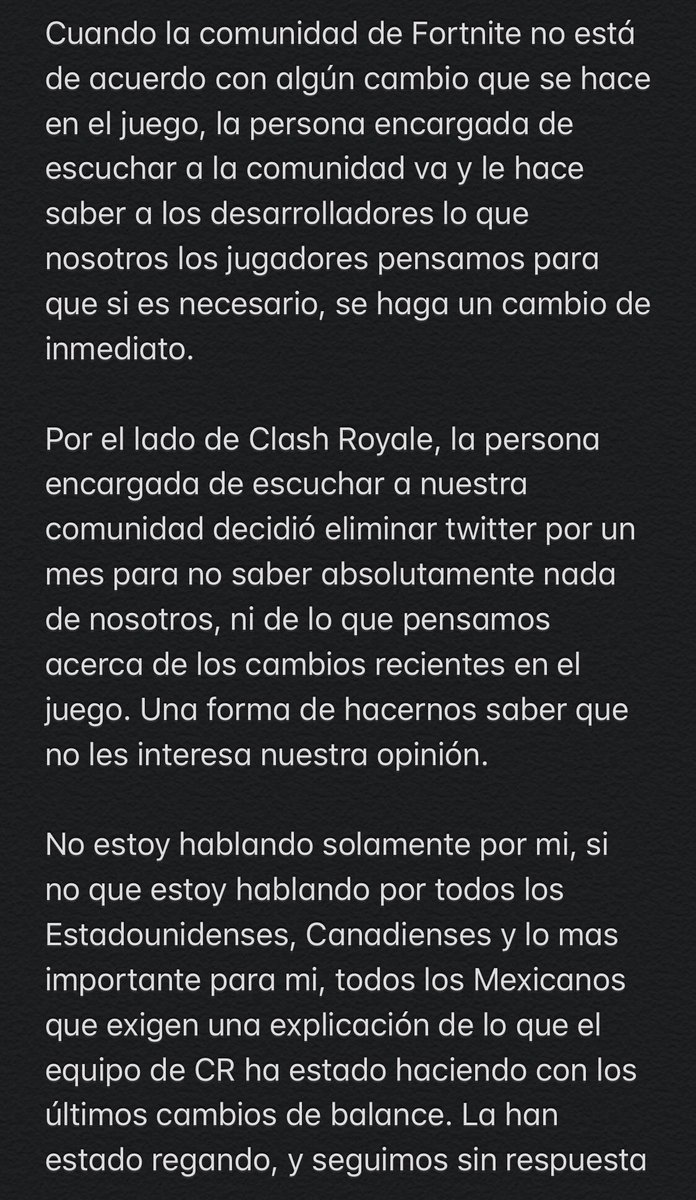 Voy a dejar esto por aquí <a href="/ClashRoyaleES/">Clash Royale ES</a> y como representante de la comunidad, EXIJO una respuesta a nombre de todas las personas a las que les han dado la espalda cuando se trata de escucharnos.