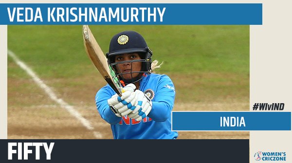 WomensCricZone's tweet photo. FIFTY!

Second T20I half-century for Veda Krishnamurthy! It's her first 50 in 28 innings across formats. Much needed runs for the right-hander. She's taken this chance with both hands.

Live blog: https://t.co/YY78nWVQea

#WIvIND #WIWvINDW https://t.co/Jtzpe236xE